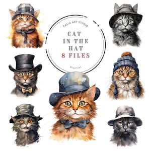 Clipart original de chat dans le chapeau, illustration drôle de chat, clipart de chaton, chat aquarelle, cadeau pour les amoureux des chats, PNG Transparent, usage commercial art