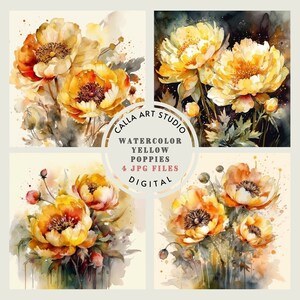 Watercolor Flower Background Yellow Florals Digital Paper Junk Journal Clip Art Watercolor Scrapbook Papers Floral Digital Paper Poppy Art