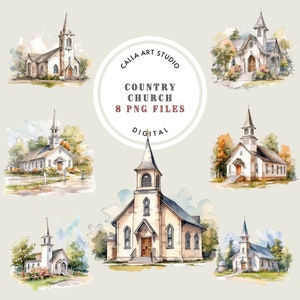 Clipart de igreja em aquarela, capela antiga, gráficos de estilo retrô, conjunto de clipart de edifícios, clipart de paisagem, ilustração em aquarela, para impressão