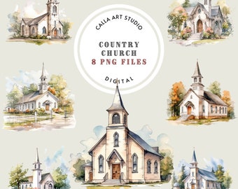 Watercolor Church Clipart, Old Chapel, Retro Style Graphics, Buildings Clipart Set, Landscape Clipart, Watercolor Illustration, Printable