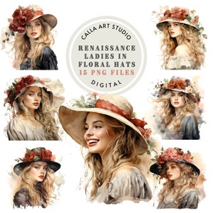 Senhora elegante em chapéu floral aquarela clipart renascentista mulheres lindas garotas gráficos para projetos faça você mesmo scrapbooking PNG uso comercial
