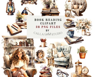 Boek lezen aquarel clipart bundel, boekenwurm png, boekenliefhebber clipart, boek png, Cure Girl, gezellige graphics, koffie, tijdschriftomslagontwerp