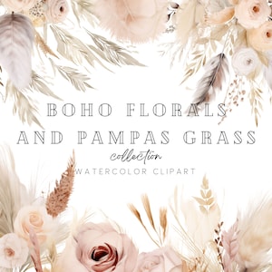 Ensemble de cliparts floraux aquarelle bohème, Clipart pour un usage commercial, neutres, PNG transparents, bouquets de mariage, fleurs séchées, herbe de la pampa