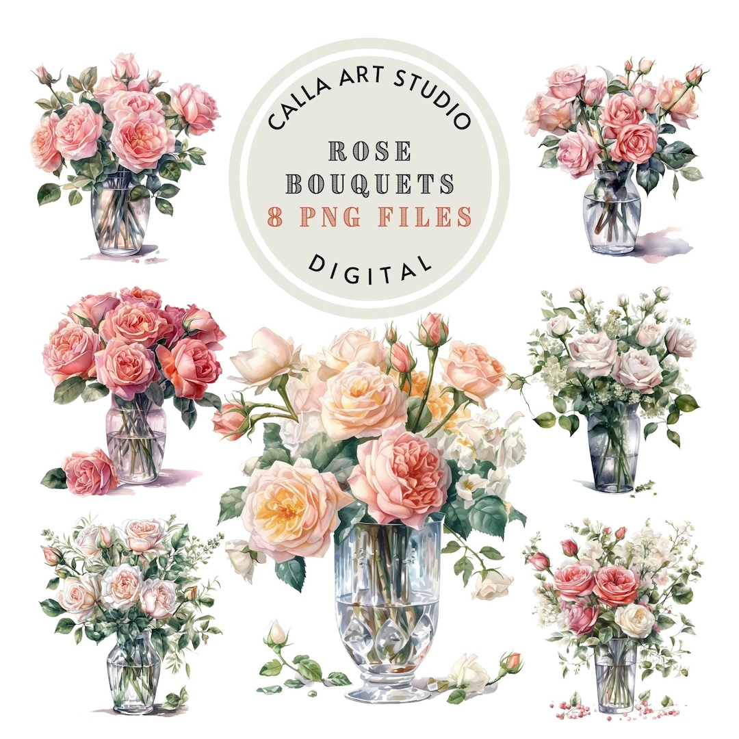 Roses in Vase Clipart Bundle Watercolor Flowers Clipart Pink Flower Png ...