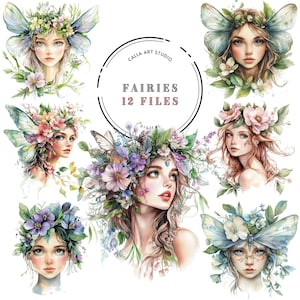 Bundle de clipart fée, aquarelle florale fées PNG, art fantastique pour cartes, invitations, carnets indésirables, scrapbooking, téléchargement numérique