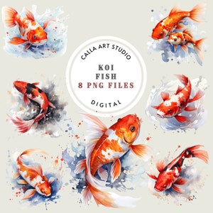 Watercolor Koi Fish Pond Clipart, Aquarium, Garden, Japanese Koi Images, Nature Clipart, Transparent PNG for Cardmaking and Commercial Use