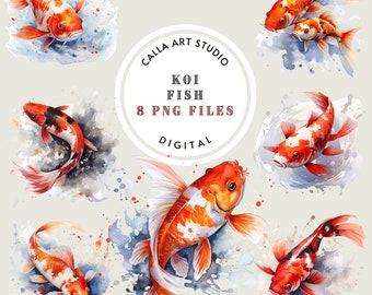 Watercolor Koi Fish Pond Clipart, Aquarium, Garden, Japanese Koi Images, Nature Clipart, Transparent PNG for Cardmaking and Commercial Use