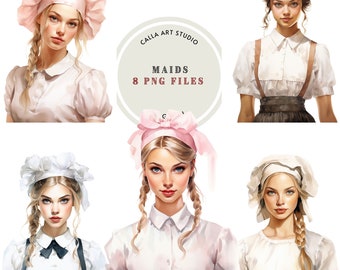 May include: Eight digital illustrations of women wearing maid outfits. The women have different hairstyles and are wearing different styles of maid outfits. The illustrations are in a watercolor style.