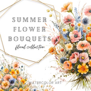 Watercolor Floral Clipart, Summer Flower Bouquets, Wedding Clipart, Floral Arrangments, Floral Clipart, Wild Flowers PNG, Premade Clipart image 1