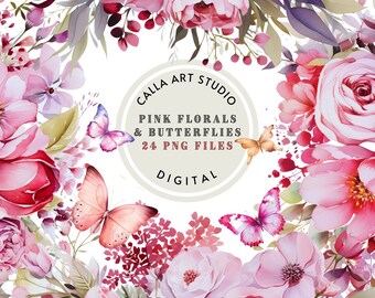 Pink Floral Clipart, Light Pink Flower Bouquet, Watercolor Clip Art, Commercial Use, Transparent PNG, Wedding,Baby Girl Shower, Boho Flowers