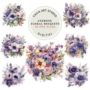 Floral Bouquets Clipart Bundle, Anemone Flower Clipart, Wedding Clipart, Botanical PNG, Cardmaking Invitation Design, Bridal Shower Clipart