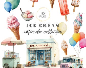 Ice Cream Watercolor Clipart, Sweet Treats PNG, Popsicle, Cones, Shops & Trucks Milkshake, Birthday Dessert Nursery Wall Decor Junk Journal