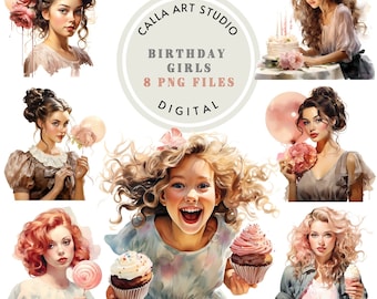 Birthday Girls Clipart Bundle Vintage Girl Png Beautiful Ladies People Wall Art Romantic Clipart Digital Download Clipart for Commercial Use