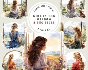 Girl in the Window Watercolor Clipart, Nature Lover Illustrations, Instant Download, Romantic Clipart, Girl PNG, Junk Journal, Scrapbooking