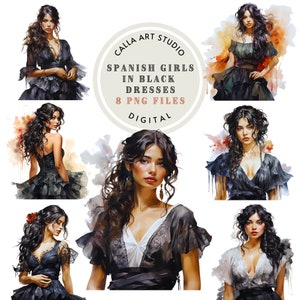Meninas espanholas em vestidos pretos aquarela PNG Clip Art Moda Clipart Menina Linda Senhora para Cartazes Artesanato Scrapbooking Uso Comercial
