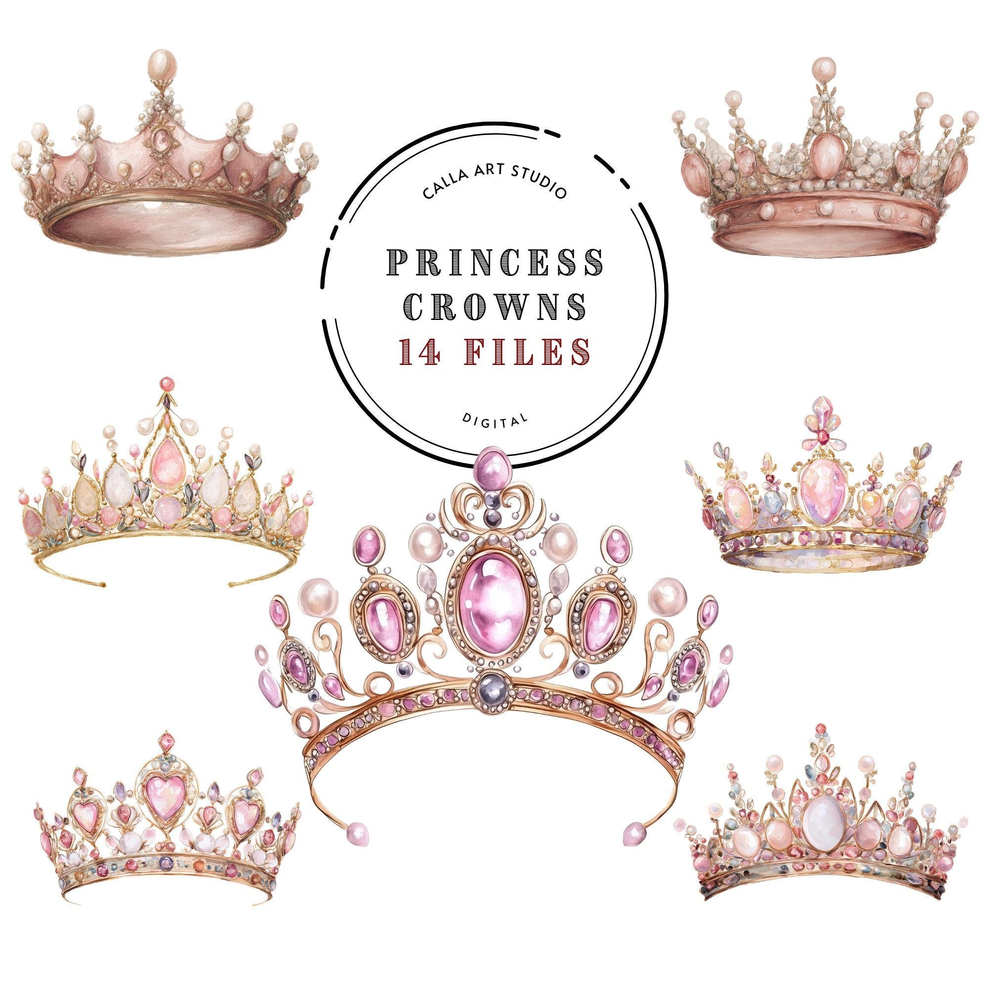 Pink Princess Crown Clipart Bundle, Watercolor Royal Tiaras PNG, Queen ...