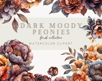 Watercolor Floral Clipart Bundle, Moody Dark Florals, Wedding Clipart, Floral Arrangments, Floral Clipart, Peony Flowers, Premade Clipart