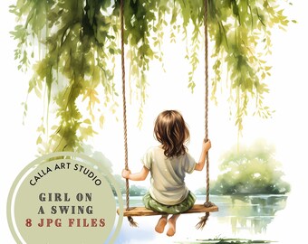 Girl on Tree Swing Watercolor Art Bundle, JPG, Nursery Art, Journaling, Scrapbook Supply, Whimsical Outdoor Clipart, Commercial Use Clipart