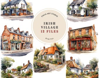 Paquete de imágenes prediseñadas de acuarela de pueblo irlandés, casas de pueblo PNG, uso comercial, descarga digital, manualidades de papel, diario basura, álbumes de recortes