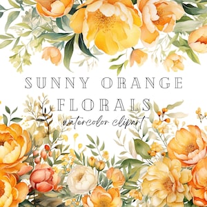 Clipart floral amarelo alaranjado ensolarado, flores aquarela de verão brilhantes, PNG transparente, flores elegantes, clipart de uso comercial, scrapbooking