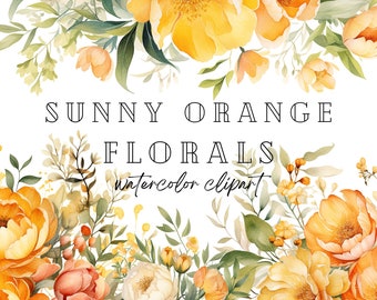 Sunny Orange Yellow Floral Clipart, Bright Summer Watercolor Flowers, Transparent PNG, Elegant Flowers, Commercial Use Clipart, Scrapbooking