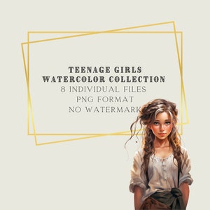 Teenage Girls, Watercolor Clipart Bundle, Digital PNG, Book Illustration, Portrait Clipart, Junk Journal, People Wall Art, Commercial Use image 3