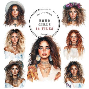 Bundle de cliparts aquarelle fille bohème, ambiance bohème, bohème chic, mannequin, illustration de femmes, fabrication de cartes femme PNG, usage Commercial