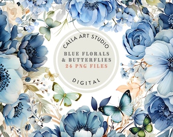 Blue Floral Clipart, Light Blue Flower Bouquet, Watercolor Clip Art, Commercial Use, Transparent PNG, Wedding, Boy Baby Shower, Boho Flowers
