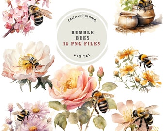 Watercolor Bumble Bee Clipart, Summer Bee Clip Art, PNG Graphics, Instant Download, Commercial Use Transparent PNG, Junk Journal, Carmaking