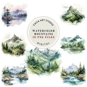 Watercolor Mountain Clipart, Mountains Clipart, Watercolor Clipart, Mountain Landscapes, Watercolor Forest, Scrapbooking, Junk Journal PNG