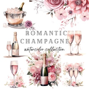 Bundle de cliparts champagne aquarelle, clipart romantique, clipart célébration, Saint-Valentin, clipart mariage PNG, idées de douche nuptiale