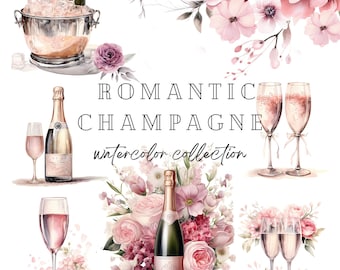 Watercolor Champagne Clipart Bundle, Romantic Clip Art, Celebration Clipart, Valentine&#39;s Clipart, Wedding Clipart PNG, Bridal Shower Ideas