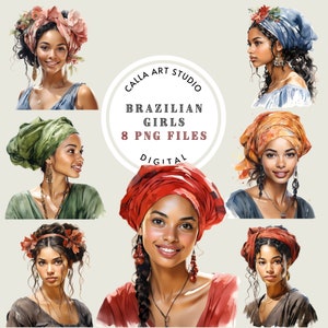 Brasilianische Mädchen Aquarell Clipart Set für kommerzielle Nutzung, schöne glückliche Frauen Illustrationen, romantisch lächelnd weiblich Clipart, Scrapbooking