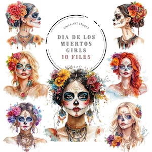 Dia de los Muertos Clipart Girls, Sugar Skull PNG, Art du jour des morts, visages floral Calavera, Halloween téléchargement numérique Bundle