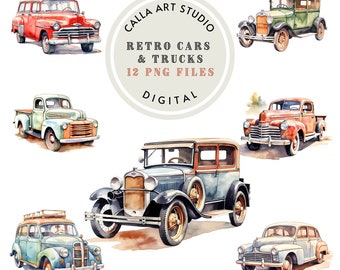 May include: A set of 12 digital watercolour illustrations of vintage cars and trucks. The illustrations are in a retro style and feature a variety of colours, including red, green, blue, and brown. The illustrations are perfect for use in scrapbooking, card making, and other craft projects.