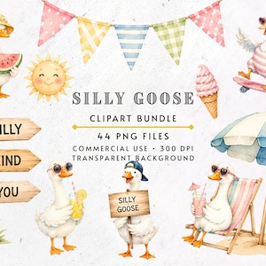 May include: A digital clipart bundle featuring watercolor illustrations of geese in summer settings. Elements include geese with watermelon, sunglasses, and drinks, a sun, bunting flags, a beach umbrella, and wooden signs with the text SILLY GOOSE.