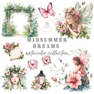 Mittsommertraum, Clipart-Bundle, Aquarell, Feengarten, verzauberter Wald, Blumen PNG, Schmetterlinge & Flügel, magischer Frühling, digitaler Download
