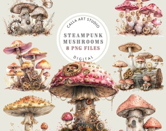 Steampunk Mushrooms Watercolor Clipart, Fantasy Mushroom Art for Scrapbooking, Invitations, Mushroom PNG, Nature Clipart for Commercial Use