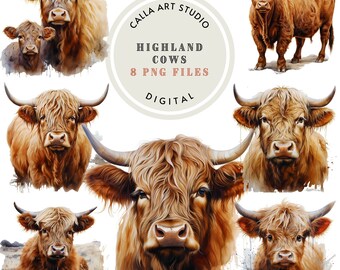 Watercolor Highland Cow Clipart Scottish Cow PNG Farm Animals Illustration, Printable Graphics for Crafts Junk Jornal Digital Scrapbooking