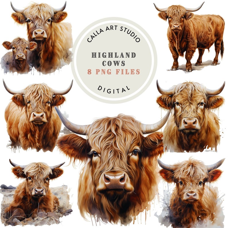 Watercolor Highland Cow Clipart Scottish Cow PNG Farm Animals ...
