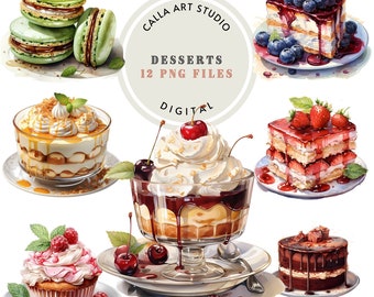 Watercolor Desserts Clipart Bundle Sweet Bakery Food Clip Art Birthday Party Patisserie Clipart Baby Shower Invitation Instant Download PNG
