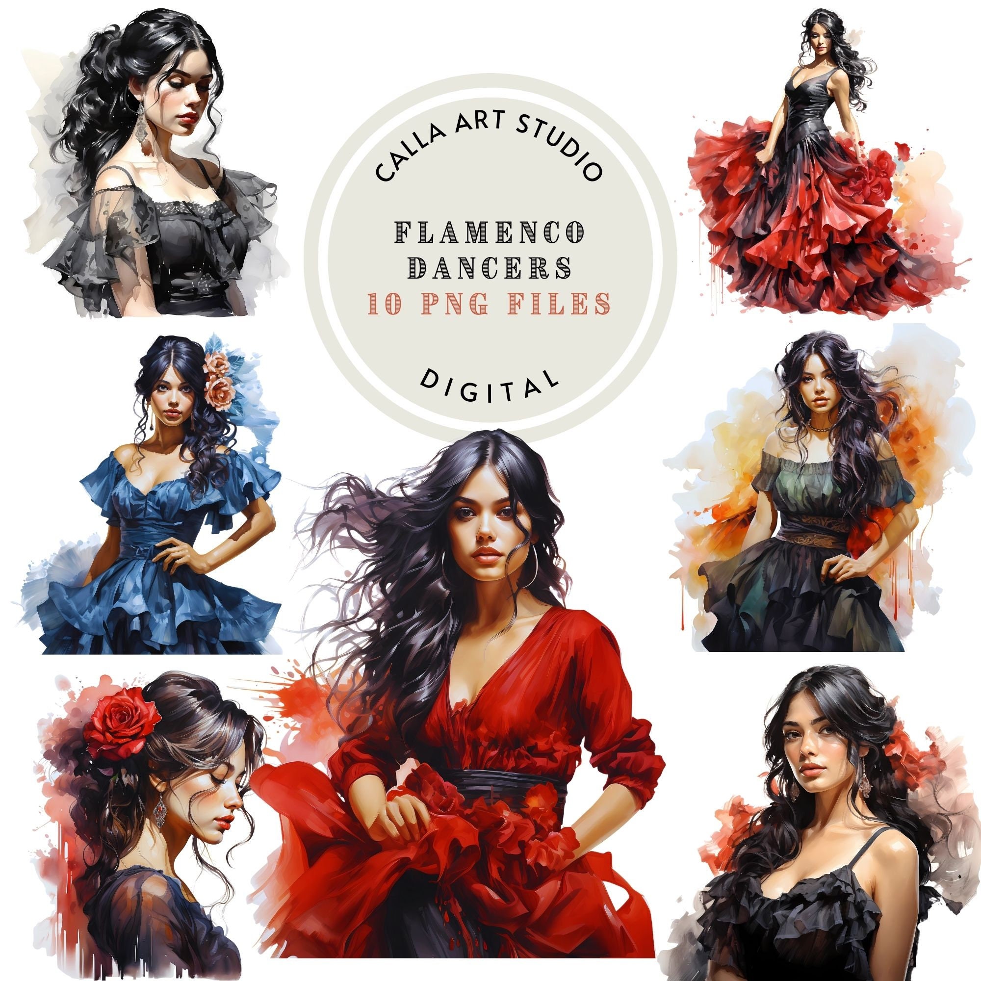 Flamenco Dancers PNG Bundle Dancing Clipart Printable Art for Crafts Scrapbooking Gift for Dancer Beautiful Girl Images for Commercial Use