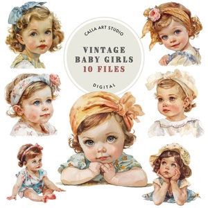 Vintage Baby Girl Clipart, Watercolor Clipart, Baby Clip Art, Baby Shower, PNG, Birthday, Retro Vintage, Junk Journal, Digital Download