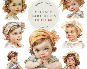 Vintage Baby Girl Watercolor Clipart, Commercial Use-Digital Download