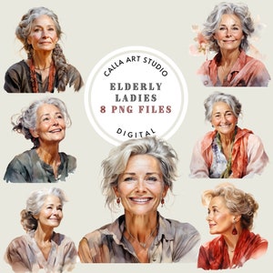 Ältere Damen Clipart, Frauen im mittleren Alter Kunst, Aquarell Porträts, reife weibliche Illustrationen für DIY-Projekte Zeitschriften und kommerzielle Nutzung