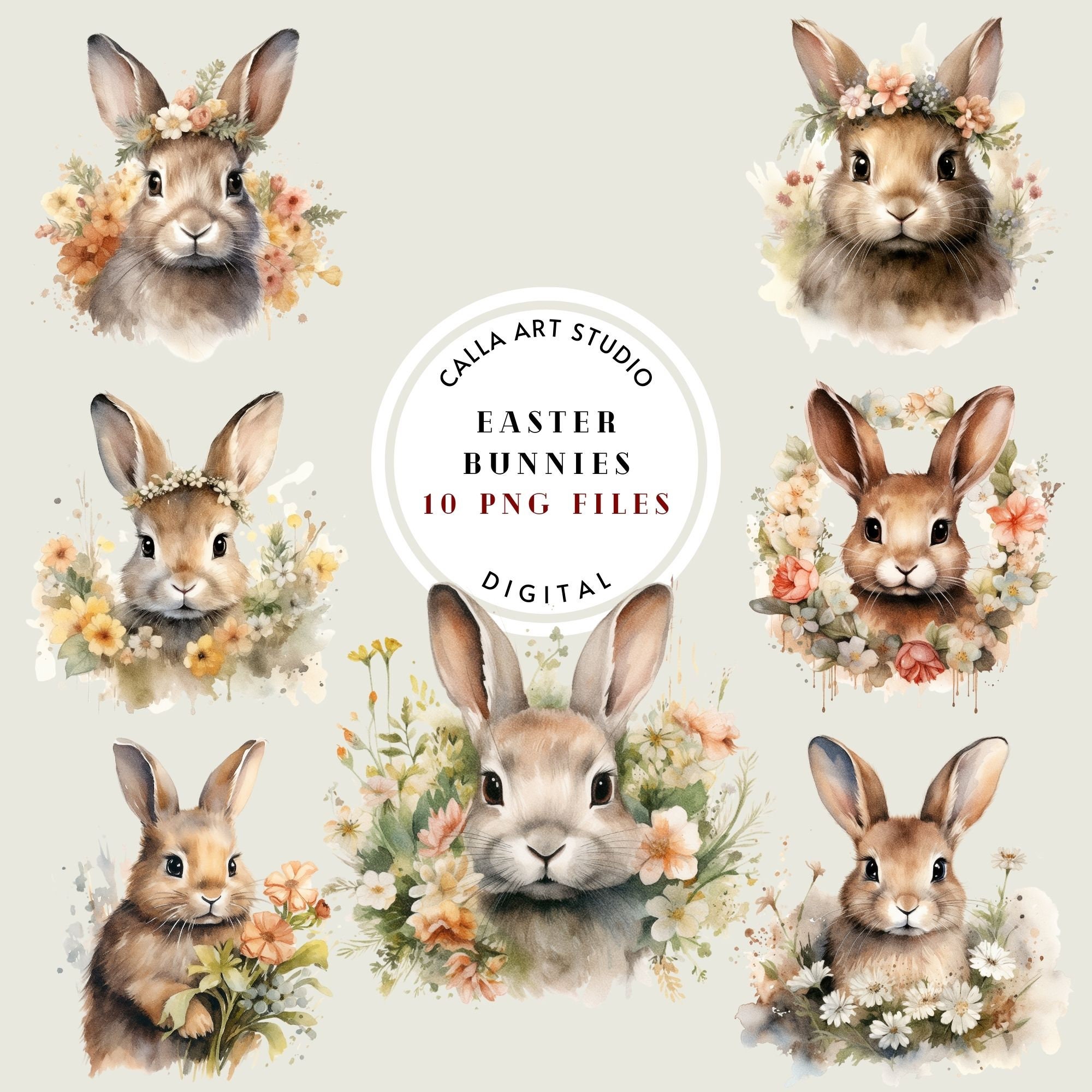 Easter Bunny With Flowers Clipart Pack, Watercolor Nursery Decor PNG ...