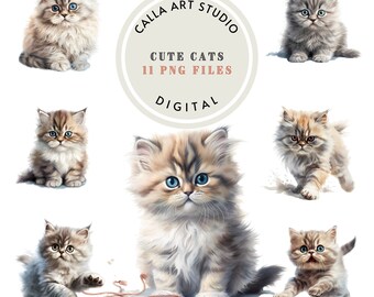 Gatos fofos clipart PNG pacote gatinho clipart aquarela gato png gato clipart engraçado gato arte impressão amantes de gato persa gato uso comercial clipart