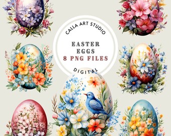 Watercolor Easter Eggs Clipart, Painted Floral Egg, Spring Decor PNG, 8 High Quality PNG, Digital Download, Card Making, Digital Paper Craft