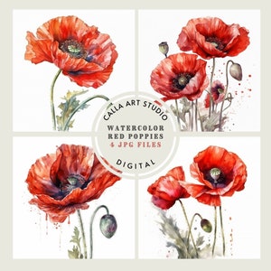 Watercolor Poppies Floral Digital Paper Watercolor Flower Background Watercolor Red Poppies Scrapbook Papers Floral Digital Paper Commercial