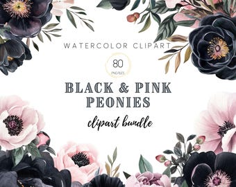 Black and Pink Peonies Watercolor Clipart, Floral PNG Bundle, Digital Download
